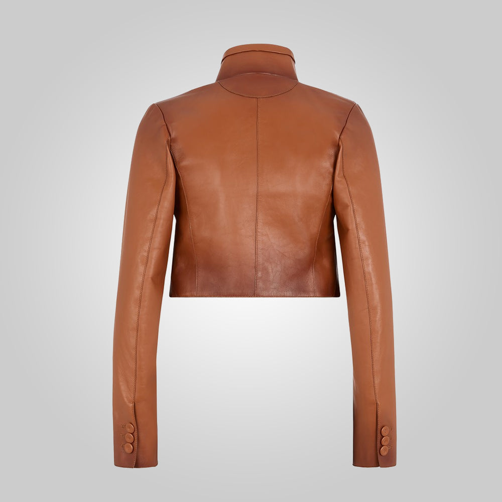 Women’s "Luna" Cropped Moto Jacket | Premium Cognac Goatskin | High-Rise Tailored Leather Biker | Full Grain Apparel