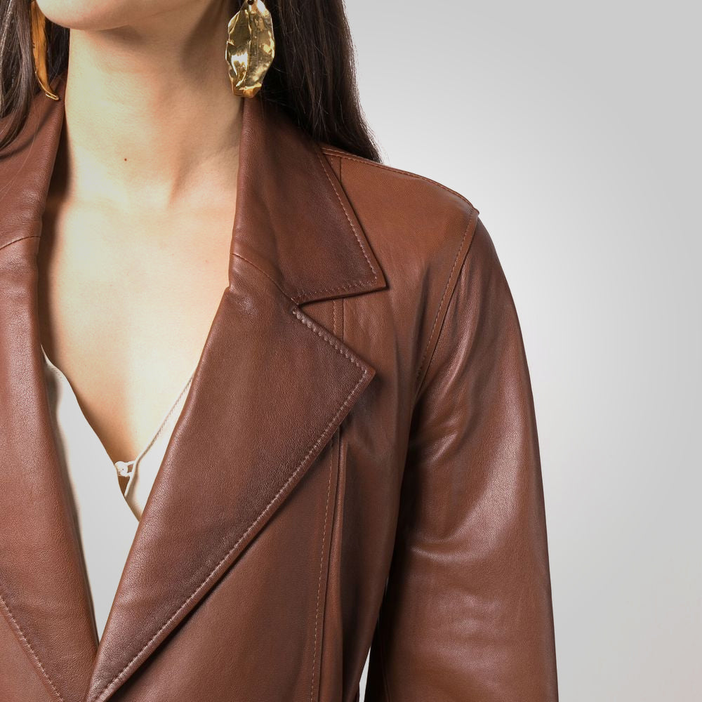 Women’s "Sahara" Belted Safari Jacket | Premium Cognac Goatskin | Tailored Longline Leather Coat | Full Grain Apparel