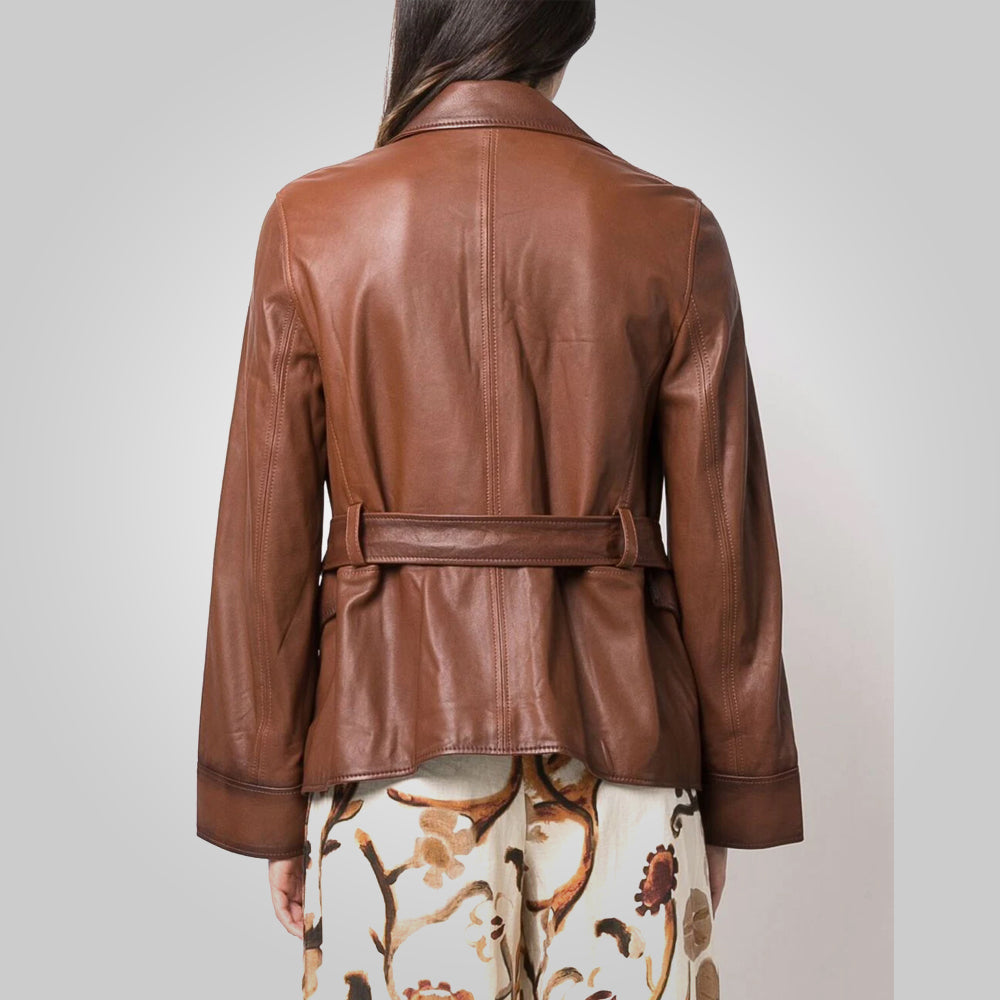 Women’s "Sahara" Belted Safari Jacket | Premium Cognac Goatskin | Tailored Longline Leather Coat | Full Grain Apparel