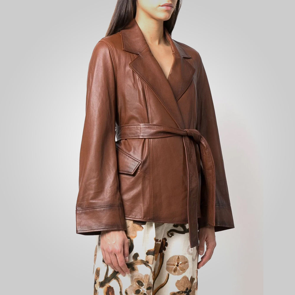 Women’s "Sahara" Belted Safari Jacket | Premium Cognac Goatskin | Tailored Longline Leather Coat | Full Grain Apparel