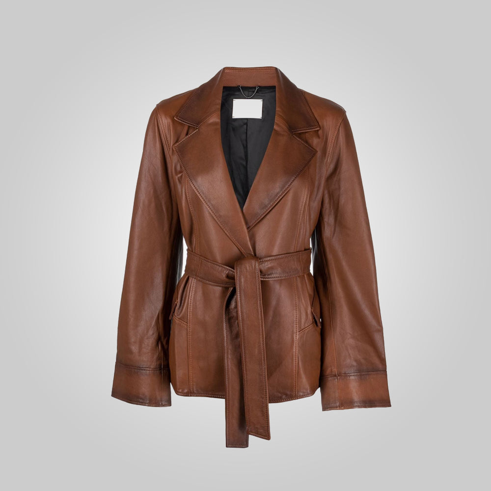 Women’s "Sahara" Belted Safari Jacket | Premium Cognac Goatskin | Tailored Longline Leather Coat | Full Grain Apparel
