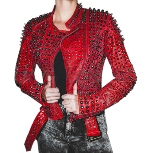 Women’s Black & Red Punk Spiked Studded Motorcycle Leather Jacket | Full Grain Apparel