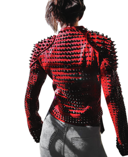 Chaqueta de cuero de motociclista con tachuelas y púas punk, negra y roja para mujer | Ropa de piel de plena flor