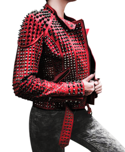 Chaqueta de cuero de motociclista con tachuelas y púas punk, negra y roja para mujer | Ropa de piel de plena flor