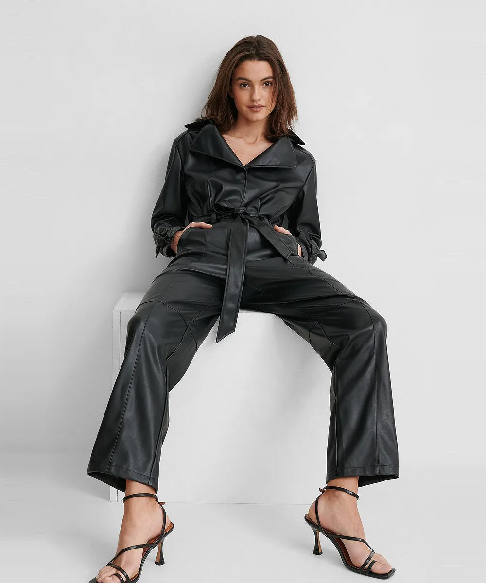 Women’s Black Long-Sleeved Lambskin Leather Jumpsuit | "Second-Skin" Luxury One-Piece | Full Grain Apparel