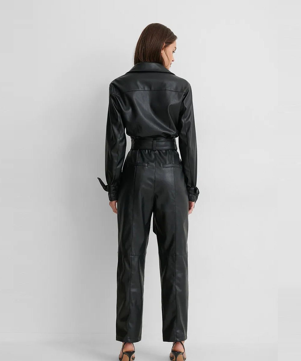 Women’s Black Long-Sleeved Lambskin Leather Jumpsuit | "Second-Skin" Luxury One-Piece | Full Grain Apparel