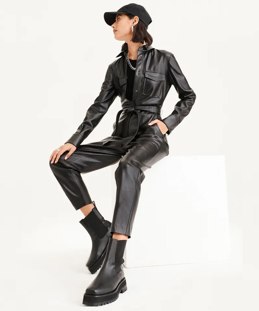 Women’s Black Sheepskin Leather Dress Jumpsuit | Sleek "Night-Out" One-Piece | Full Grain Apparel