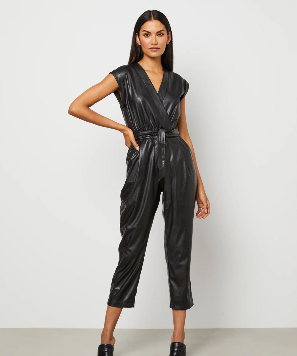 Women’s Black Belted Utility Down Leather Jumpsuit | Insulated Winter Luxe | Full Grain Apparel