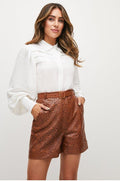 Women’s "Cognac Motif" Patterned Leather Shorts | Brown High-Waist Embossed Lambskin | Full Grain Apparel