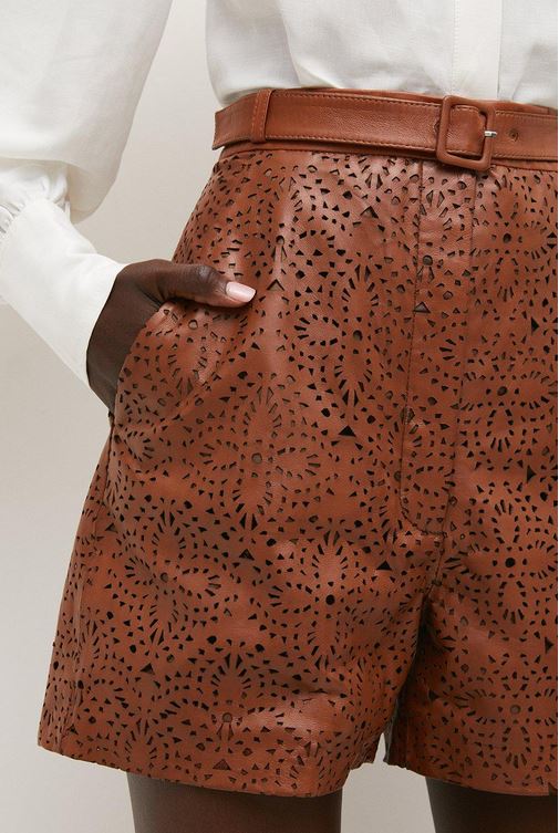 Women’s "Cognac Motif" Patterned Leather Shorts | Brown High-Waist Embossed Lambskin | Full Grain Apparel