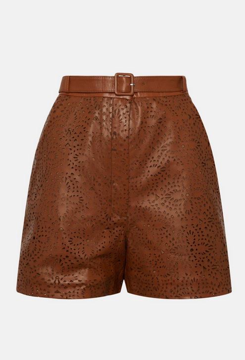 Women’s "Cognac Motif" Patterned Leather Shorts | Brown High-Waist Embossed Lambskin | Full Grain Apparel