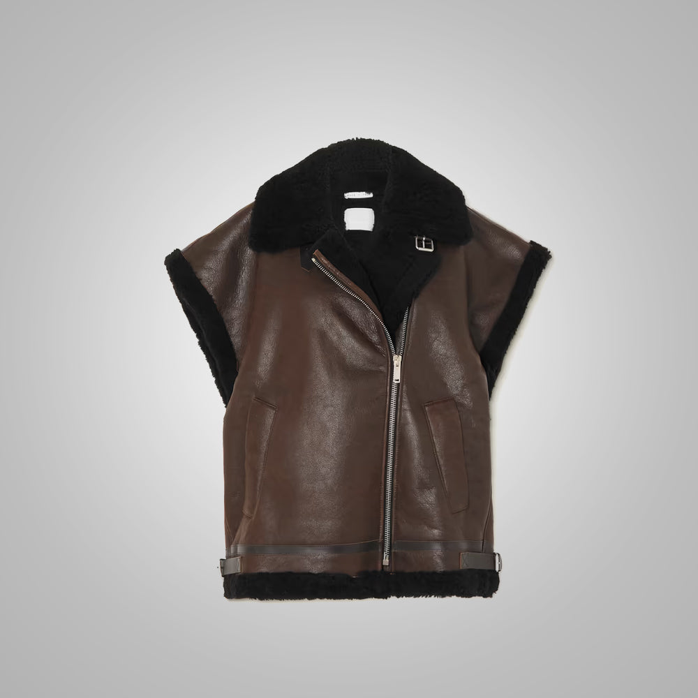 Women’s "Eclipse Frontier" Vest | Dark Brown Sheepskin | Premium Black Shearling Leather Waistcoat | Full Grain Apparel
