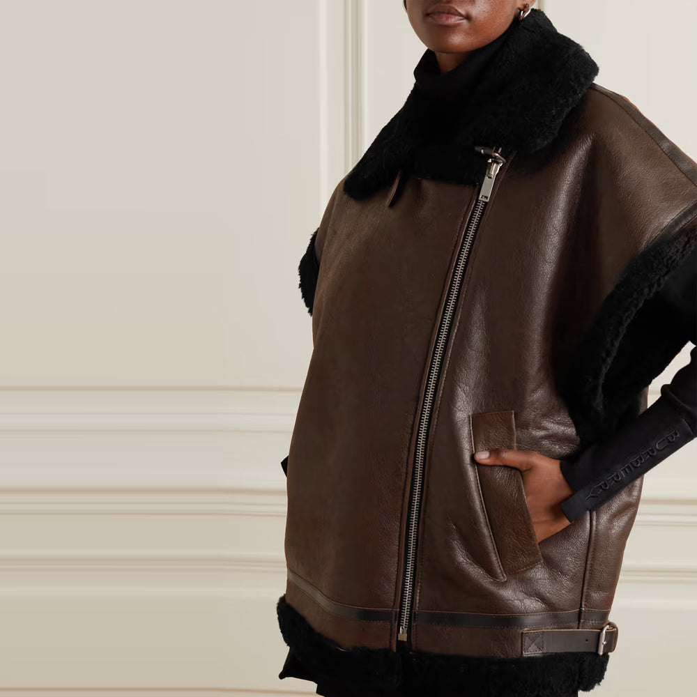 Women’s "Eclipse Frontier" Vest | Dark Brown Sheepskin | Premium Black Shearling Leather Waistcoat | Full Grain Apparel