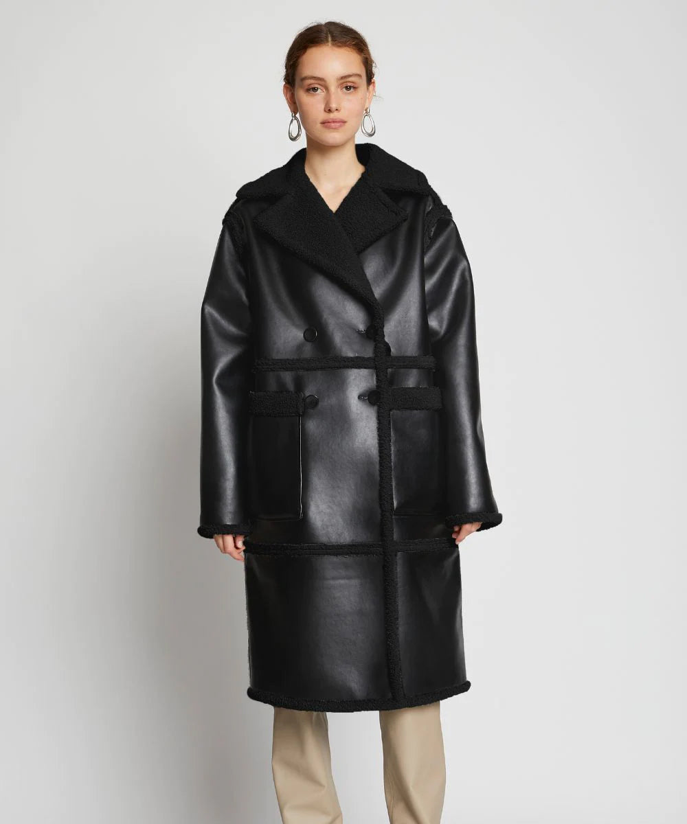 Women’s Black Duster Sherpa Leather Trench Coat | Shearling Lined | Full Grain Apparel