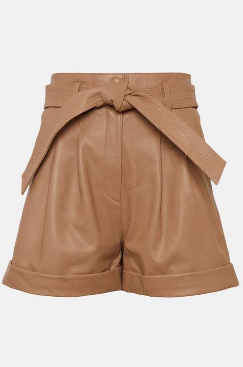 Pantalones cortos de cuero marrón de talle alto "Terra Cotta" para mujer | Pantalones cortos de moda de piel de cordero color canela con cinturón | Prendas de piel plena flor