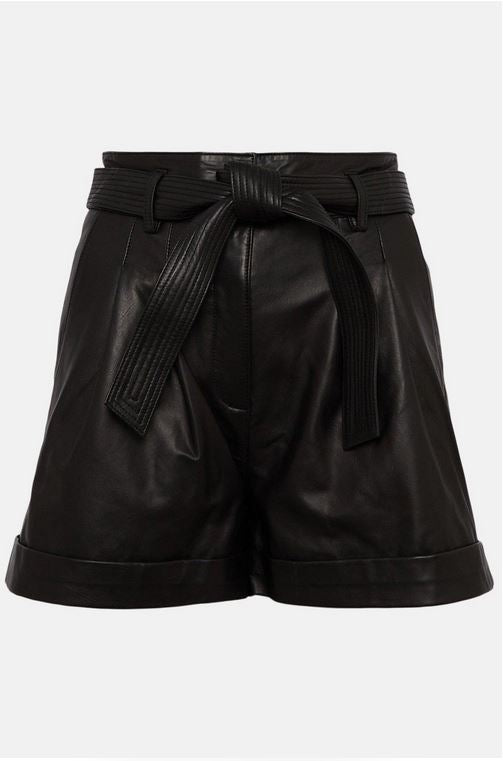 Pantalones Cortos de Cintura Alta de Cuero "Onyx Elite" para Mujer | Hot Pants de Piel de Cordero con Cinturón Negros | Ropa de Piel de Grano Completo