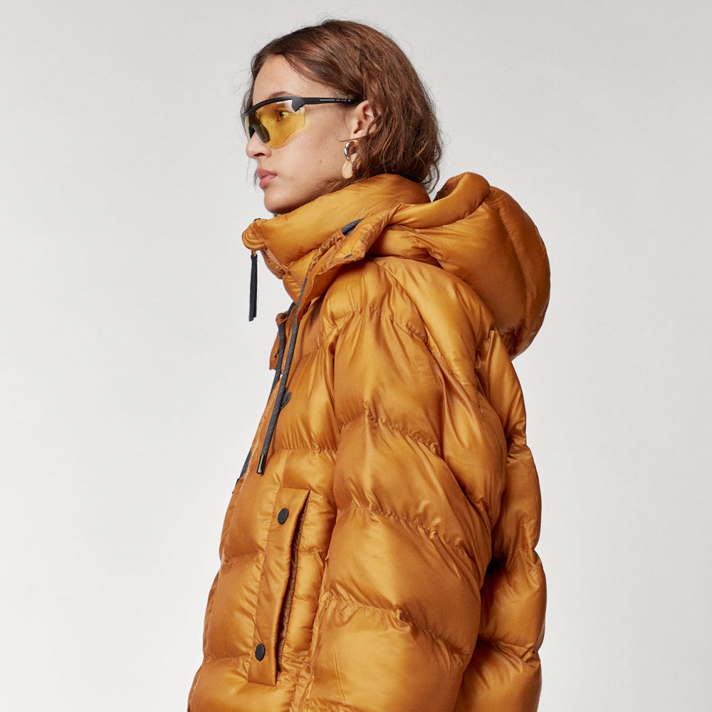 Women’s "Inferno" High-Vis Puffer | Premium Fire Yellow Matte Finish | Insulated Winter Jacket with Integrated Hood | Full Grain Apparel