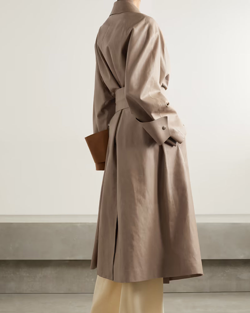 Women’s Light Brown Leather Long Coat | Full Grain Apparel