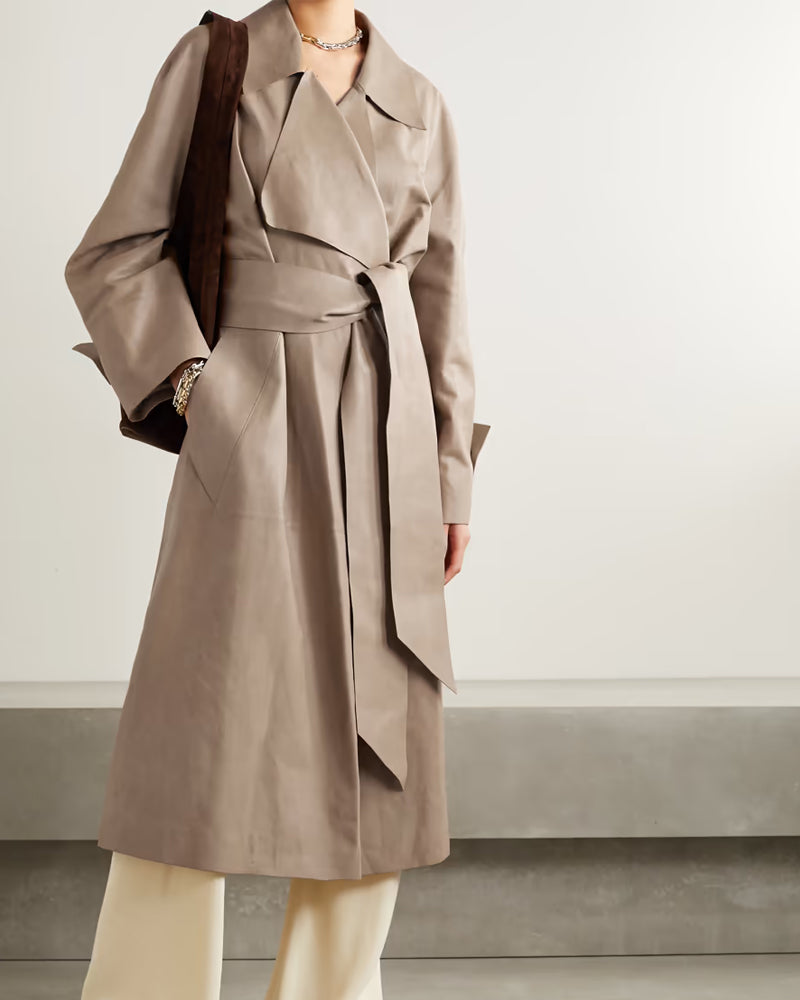 Women’s Light Brown Leather Long Coat | Full Grain Apparel