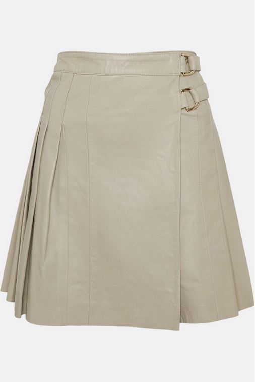 Women’s "Alabaster Heritage" Buckle Leather Kilt | Off-White Sheepskin Pleated Wrap Skirt | Full Grain Apparel
