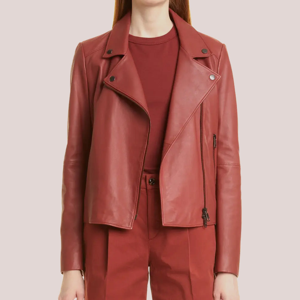 Women’s "Infinite Red" Plain Leather Biker Jacket | Minimalist Genuine Lambskin Moto | Full Grain Apparel
