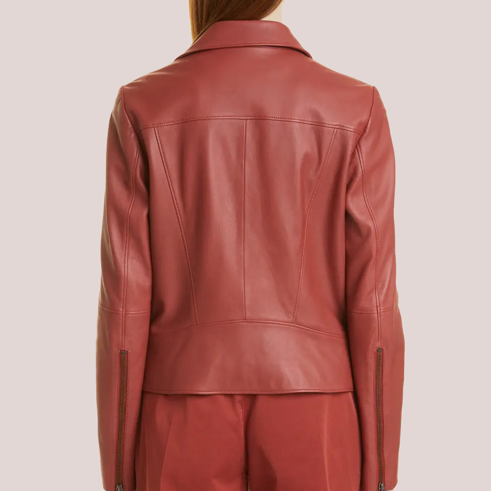 Women’s "Infinite Red" Plain Leather Biker Jacket | Minimalist Genuine Lambskin Moto | Full Grain Apparel