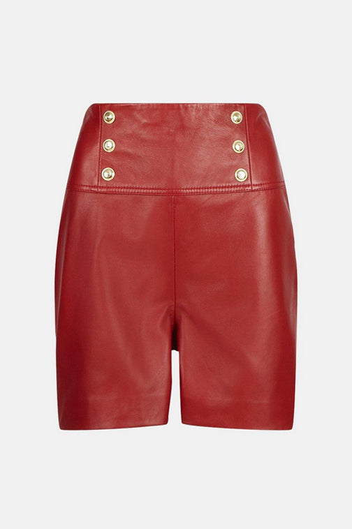 Women’s Red High-Waist Military Button Leather Shorts | Scarlet Nappa Leather Tailored Hot Pants | Full Grain Apparel