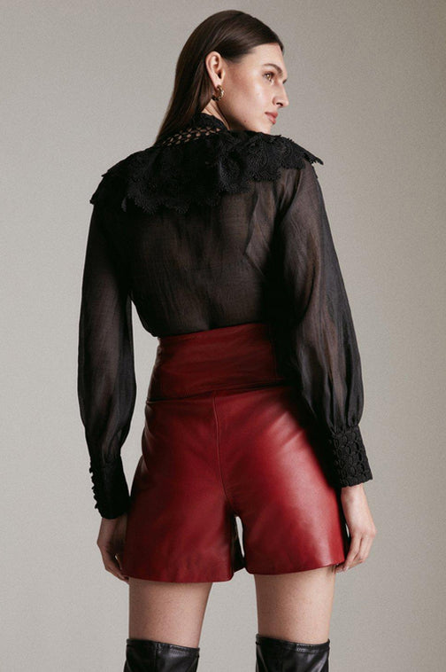 Women’s Red High-Waist Military Button Leather Shorts | Scarlet Nappa Leather Tailored Hot Pants | Full Grain Apparel