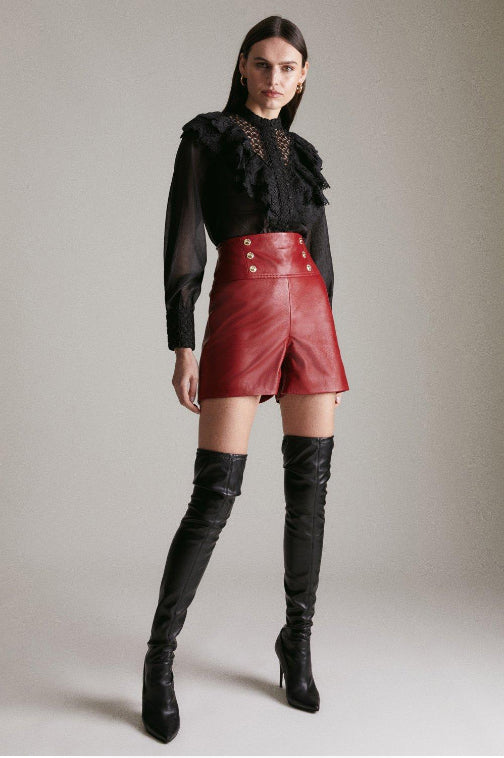 Women’s Red High-Waist Military Button Leather Shorts | Scarlet Nappa Leather Tailored Hot Pants | Full Grain Apparel