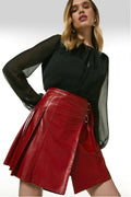 Women’s "Scarlet Rebel" Buckle Leather Kilt | Vibrant Red Sheepskin Pleated Wrap Skirt | Full Grain Apparel