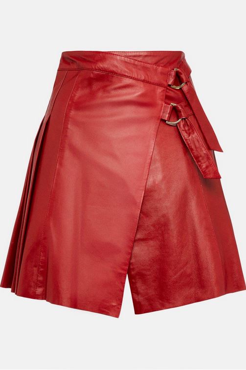 Women’s "Scarlet Rebel" Buckle Leather Kilt | Vibrant Red Sheepskin Pleated Wrap Skirt | Full Grain Apparel