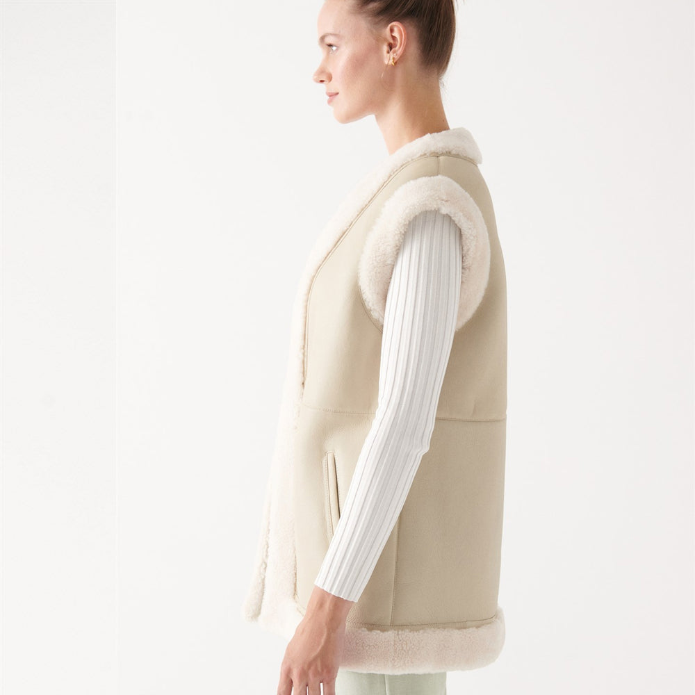 Chaleco B3 "Sahara Sands" para mujer | Piel de oveja beige de primera calidad | Chaleco de piel de cordero genuina color crema | Prenda de cuero de grano completo
