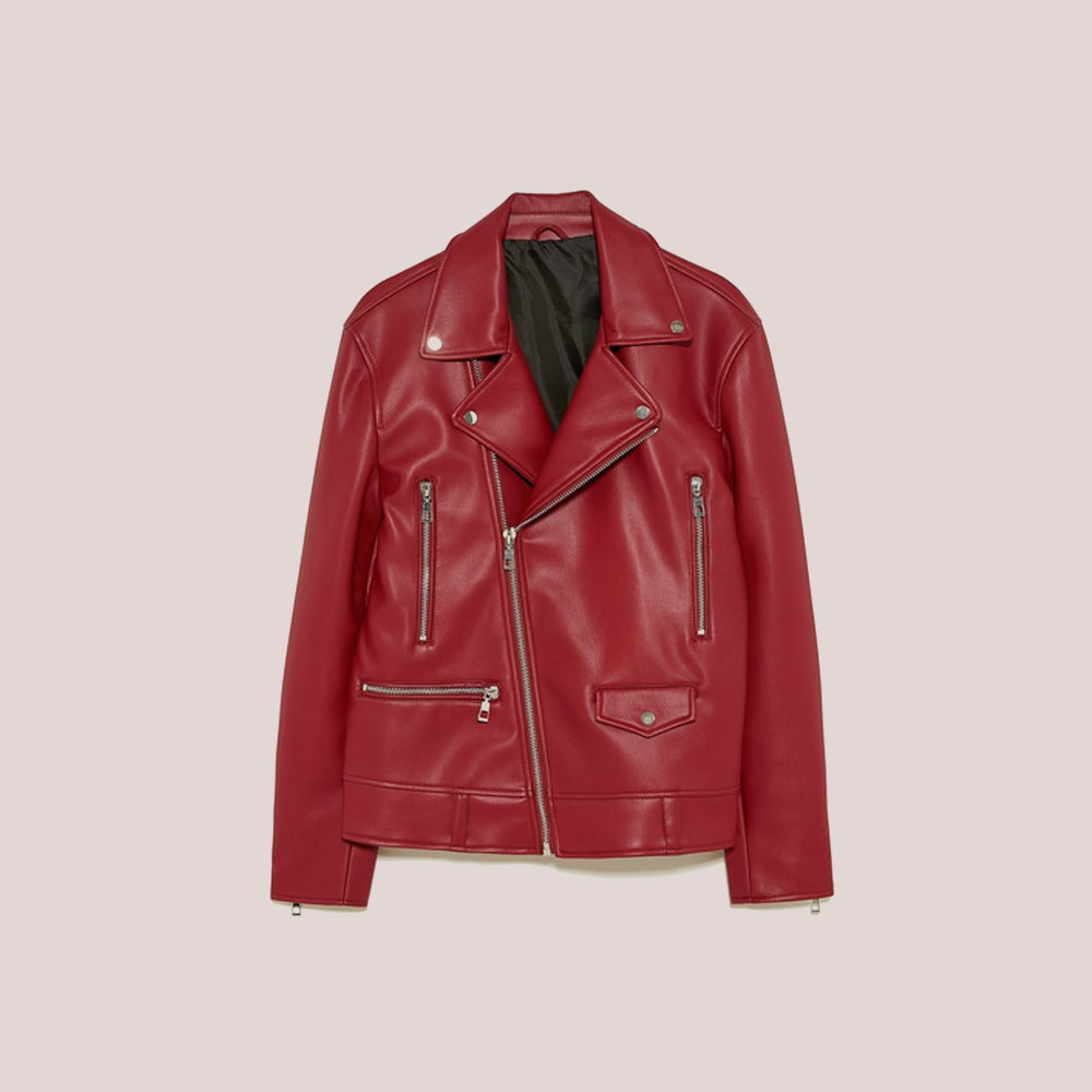 Women’s "Command Red" Utility Leather Biker Jacket | Multi-Pocket Functional Lambskin Moto | Full Grain Apparel