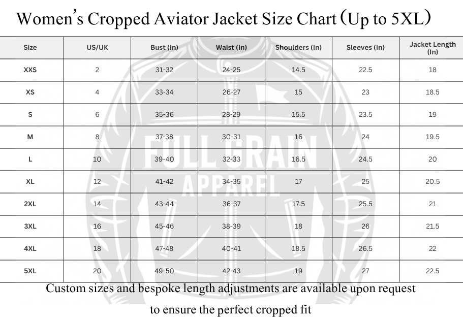 Size chart for women's cropped aviator jackets with measurements in inches.