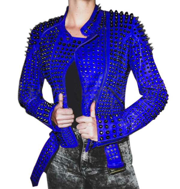 Women’s Motorcycle Punk Heavy Metal Spiked Black & Red Studded Leather Jacket | Full Grain Apparel