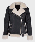 Women’s "Shadow-Moto" Aviator | Black Premium Napa Sheepskin | Authentic Charcoal Shearling-Lined Biker Jacket | Full Grain Apparel