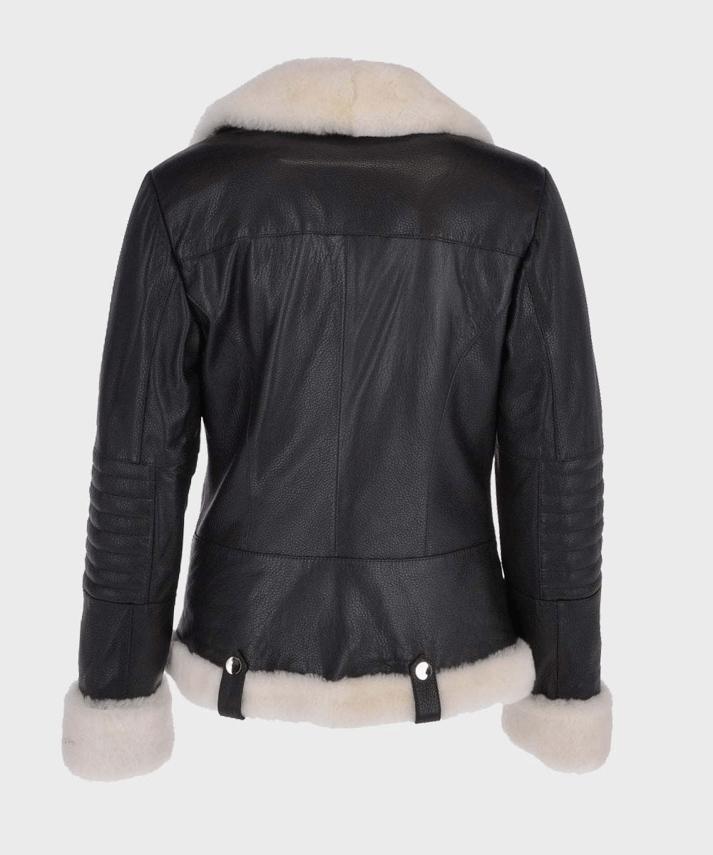 Women’s "Shadow-Moto" Aviator | Black Premium Napa Sheepskin | Authentic Charcoal Shearling-Lined Biker Jacket | Full Grain Apparel