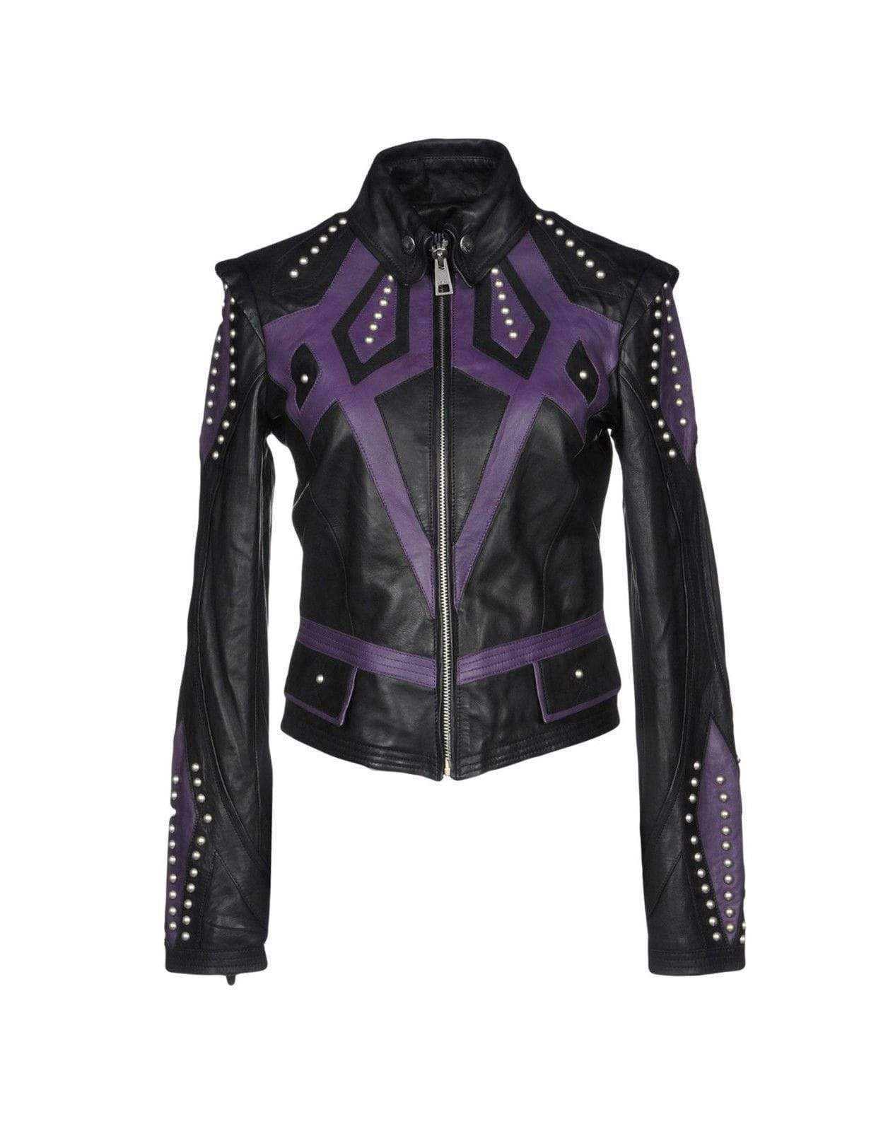 Women’s Black Purple Studded Leather Jacket | Full Grain Apparel