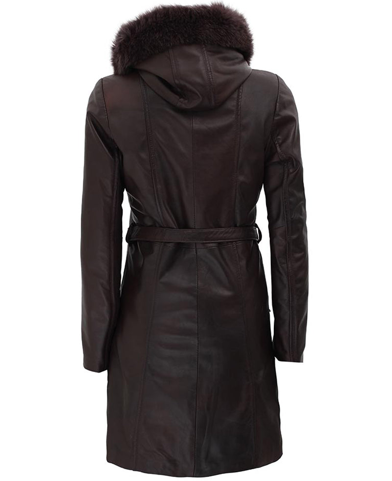 Women’s Dark Brown Leather Coat | Removable Fur Hood | Full Grain Apparel