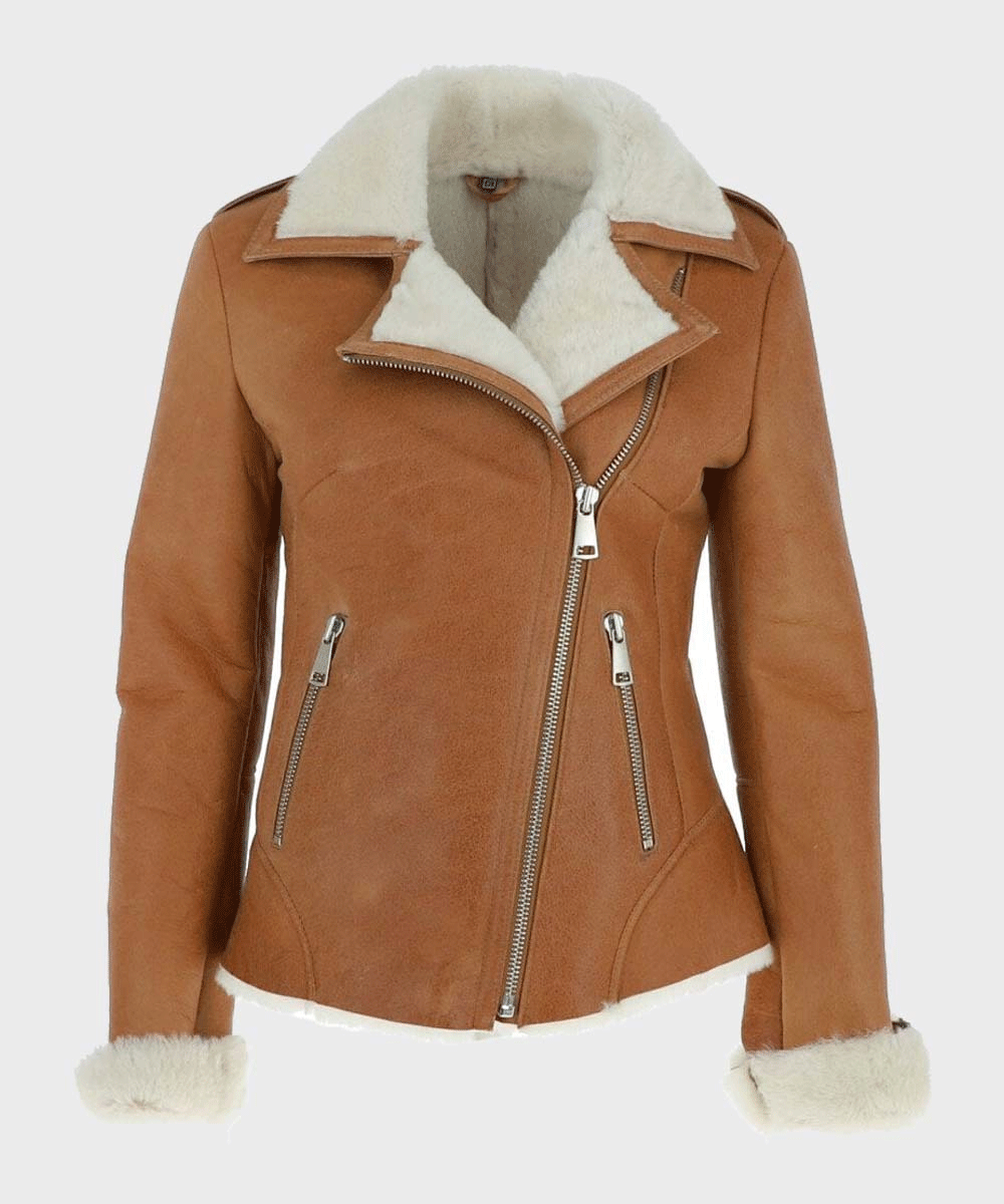 Women’s "Nordic-Grace" Aviator | Tan Brown Premium Sheepskin | Authentic Cream Shearling-Lined Winter Jacket | Full Grain Apparel