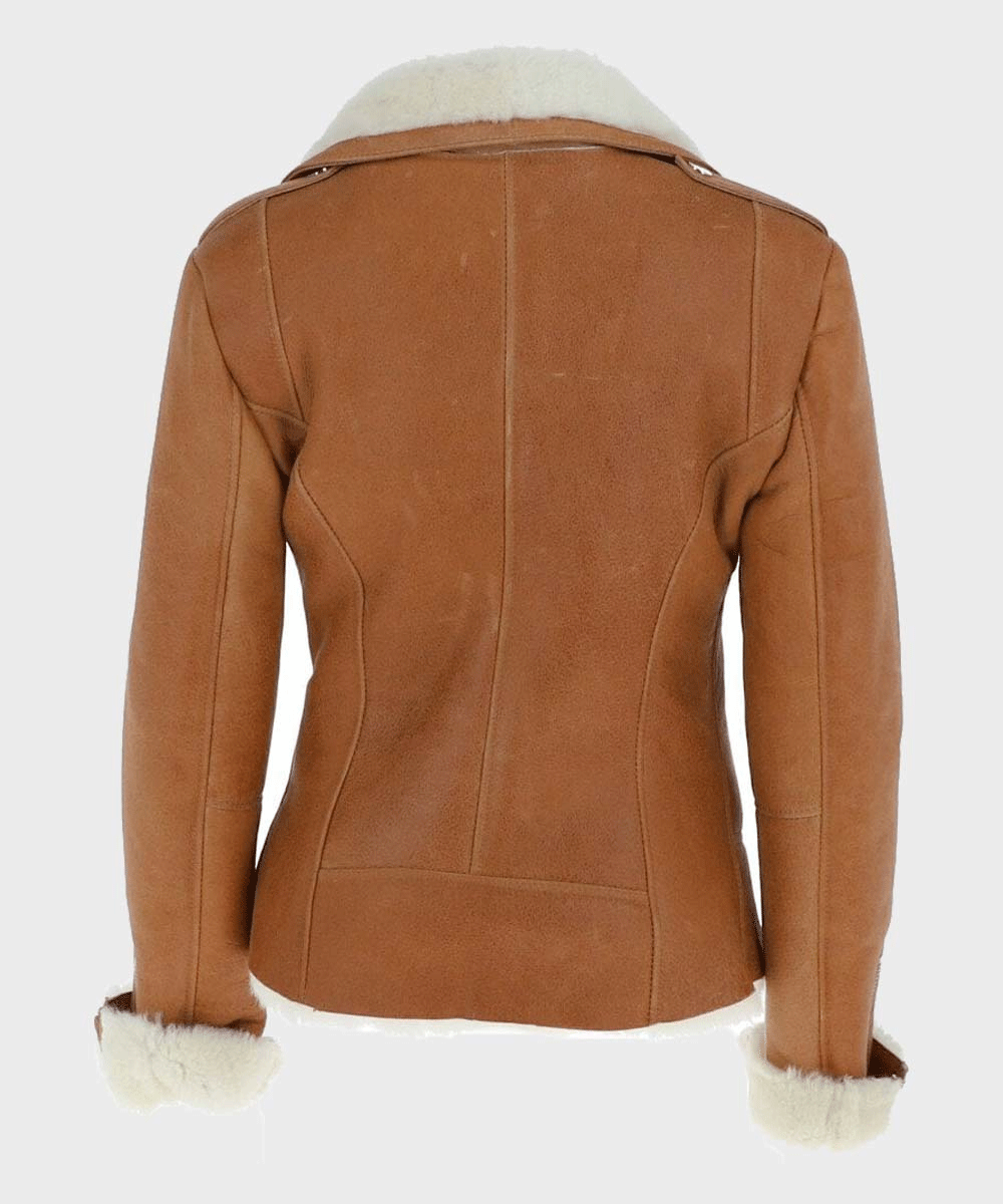 Women’s "Nordic-Grace" Aviator | Tan Brown Premium Sheepskin | Authentic Cream Shearling-Lined Winter Jacket | Full Grain Apparel