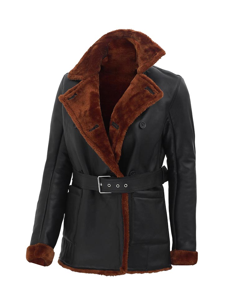Women’s Black Double-Breasted Shearling Leather Coat | 3/4 Length | Full Grain Apparel