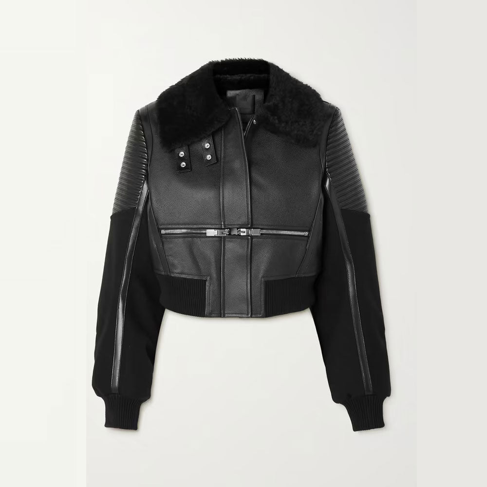 Women’s Black Shearling-Trimmed Textured-Leather Bomber Jacket | Grain-Finish Aviator Pilot Coat | Full Grain Apparel