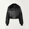 Women’s Black Shearling-Trimmed Textured-Leather Bomber Jacket | Grain-Finish Aviator Pilot Coat | Full Grain Apparel
