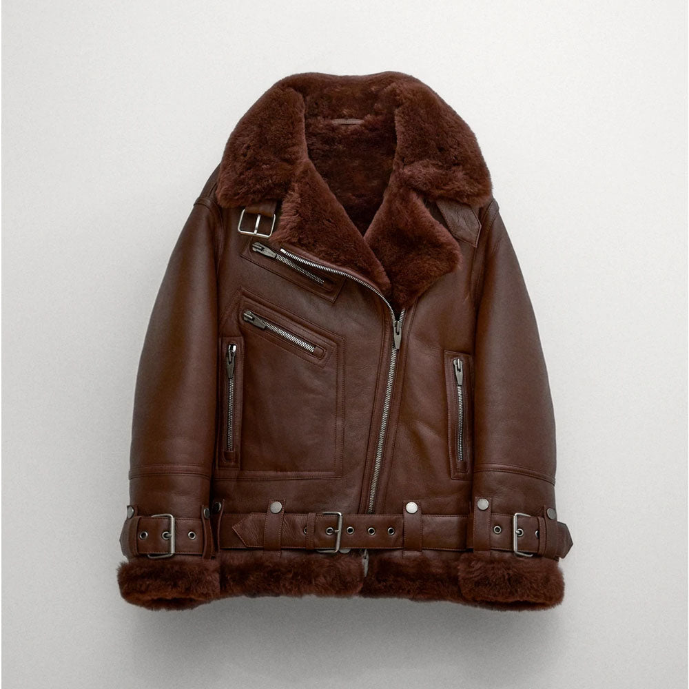 Women’s Brown B3 Aviator Styled Sheepskin Jacket | Heritage Walnut Shearling Flight Bomber | Full Grain Apparel