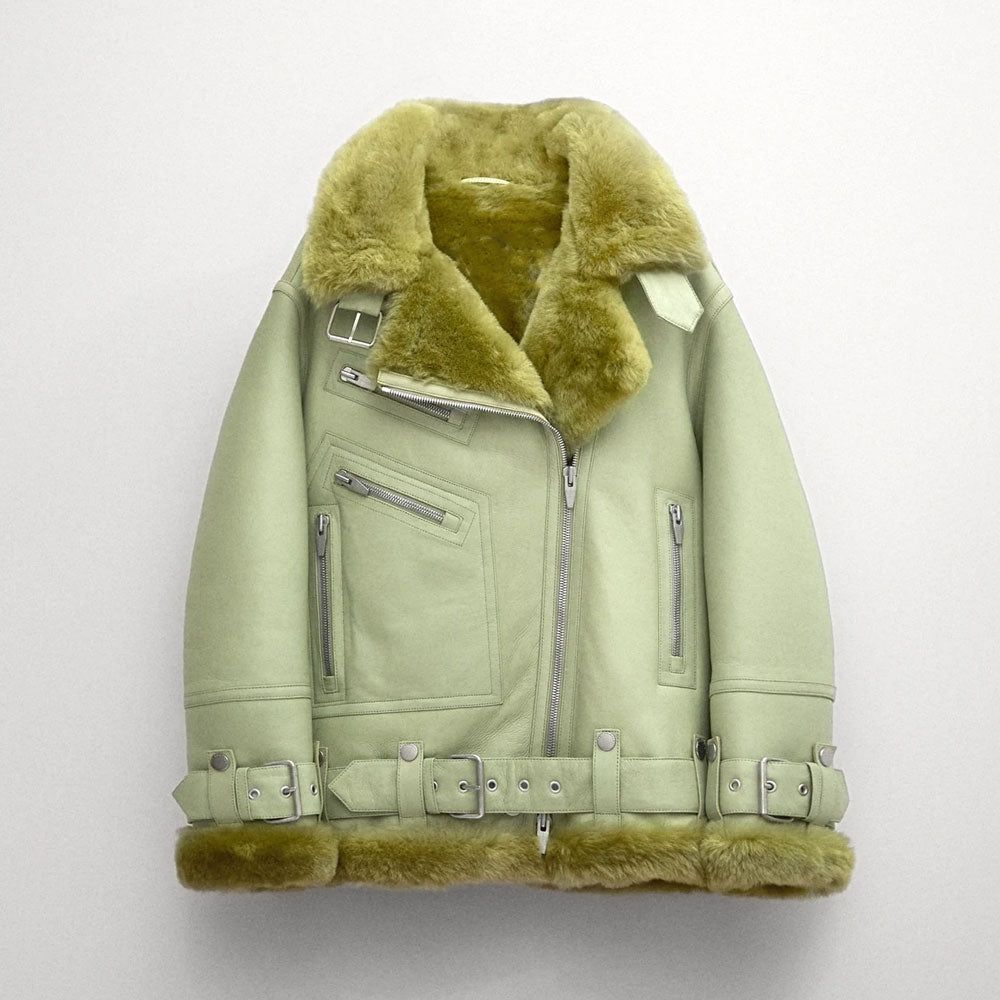 Women’s Light Green Aviator Styled Sheepskin Jacket | Mint Sage B3 Shearling Flight Bomber | Full Grain Apparel