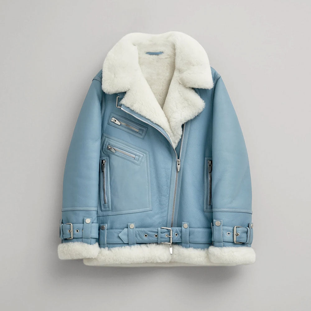 Women’s Light Blue B3 RAF Aviator Styled Sheepskin Jacket | Powder Blue Shearling Flight Bomber | Full Grain Apparel