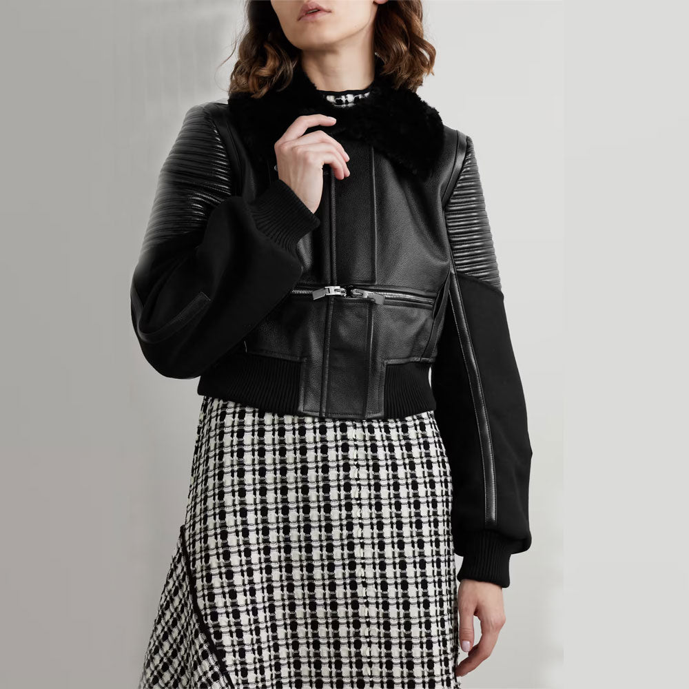 Women’s Black Shearling-Trimmed Textured-Leather Bomber Jacket | Grain-Finish Aviator Pilot Coat | Full Grain Apparel