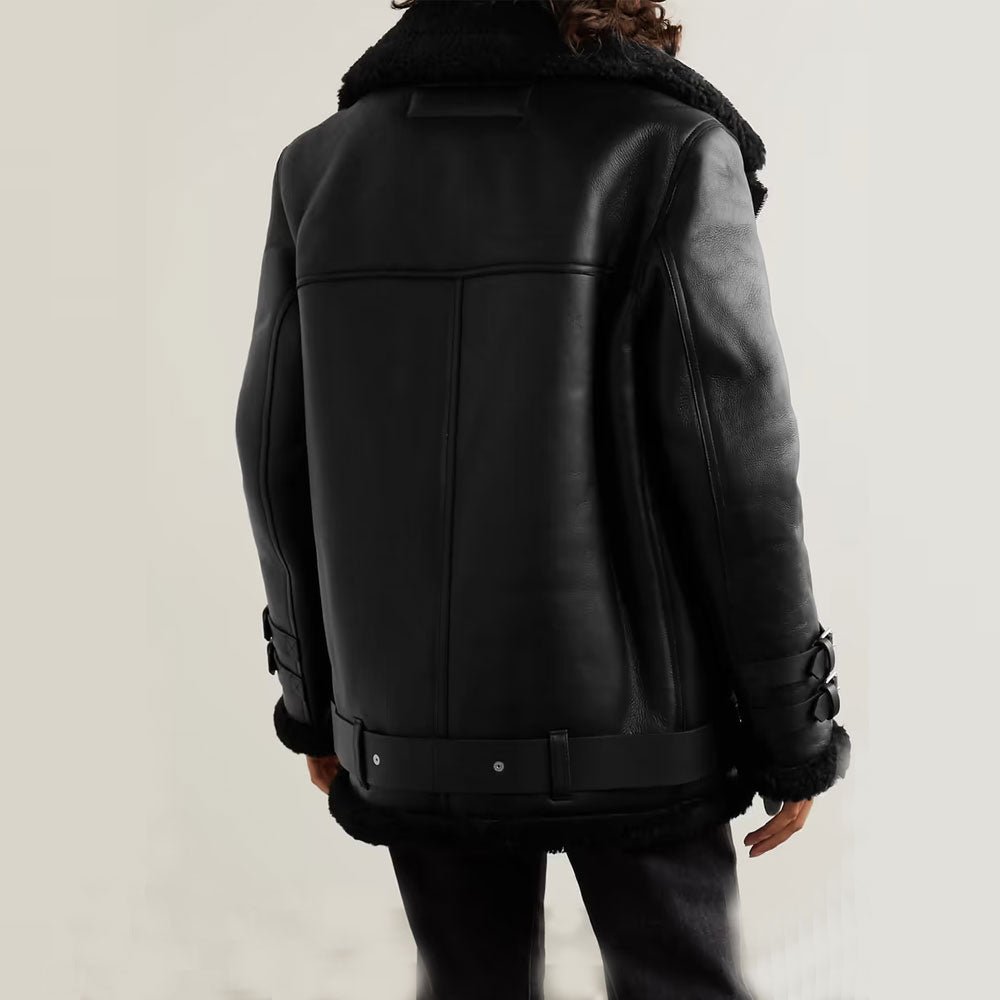Women’s Black RAF B3 Trimmed Sheepskin Shearling Biker Jacket | "Urban Edge" Aviator Hybrid | Full Grain Apparel