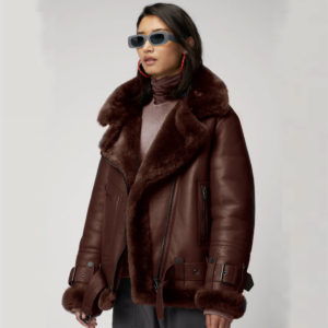 Women’s Brown B3 Aviator Styled Sheepskin Jacket | Heritage Walnut Shearling Flight Bomber | Full Grain Apparel
